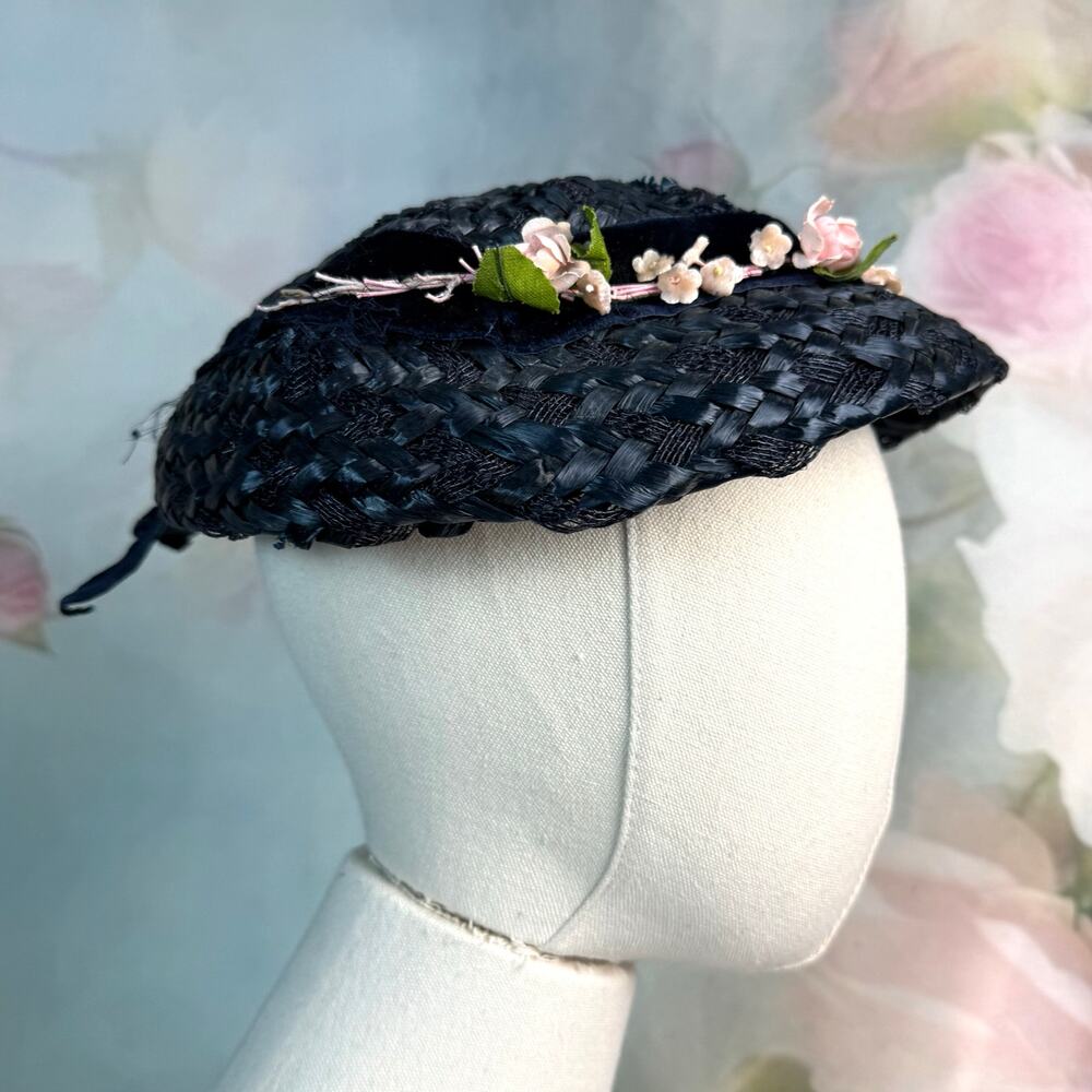 Vintage 40s Navy Blue Straw Flower Detail Velvet … - image 3
